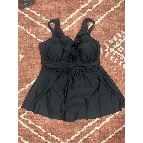 Bloomchic 18-20 Ruffle Trim Adjustable Straps Gathered Waist Swim Dress Black - Picture 4 of 8